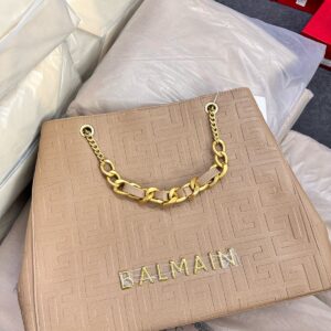 BALMAINN CHAIN EMBELLISHED SELF EMBOSSED LEATHER TOTE BAGS