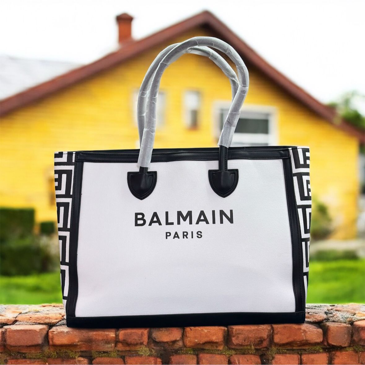 BALMAINN B ARMY LEATHER TRIMMMED CANVAS TOTE