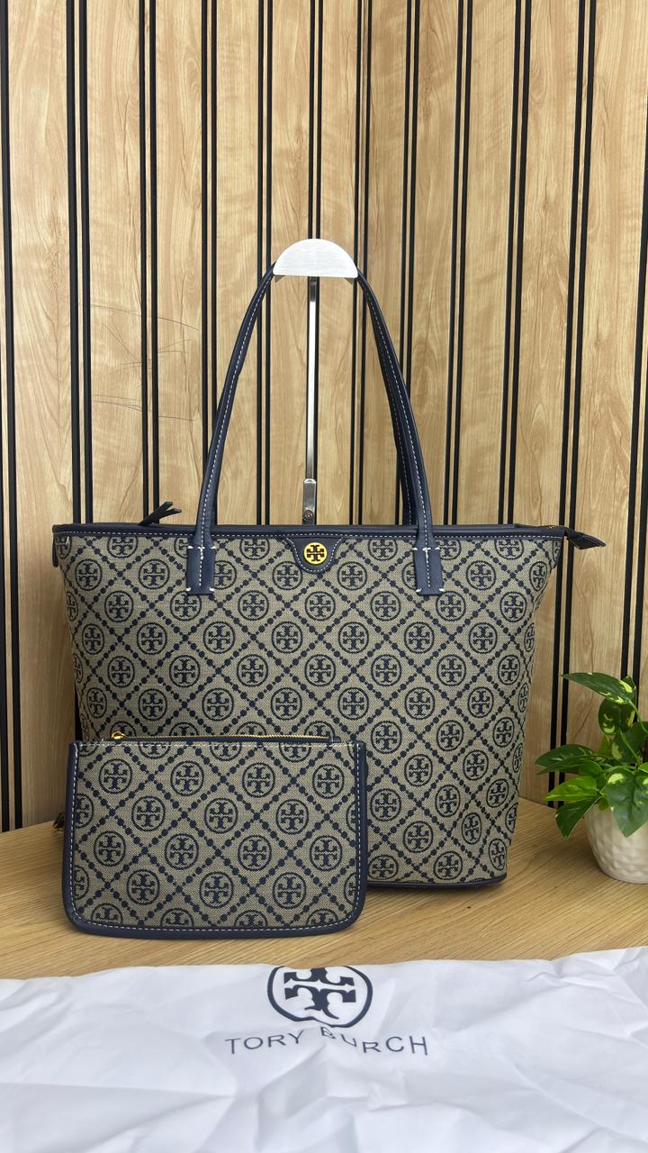 TORYY BURCHH T MONOGRAM LARGE TOTE BAG WITH POUCH