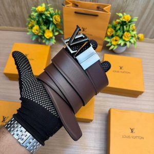 LOUISS VUITTONE Black/Brown Revesible Embossed Strip Belt with Reversible Two Tone Buckle